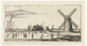 Schaatsers op het ijs bij een molen in de buurt van Penningsveer tekijältä Esaias van de Velde